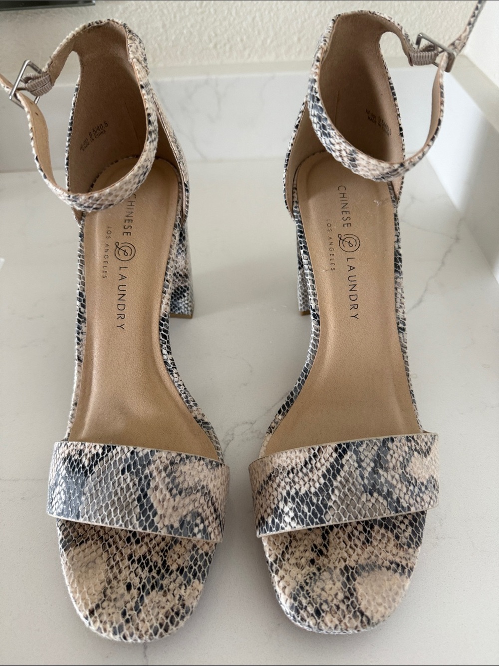 Chinese Laundry Snake-Print Ankle Strap Block Heels in Beige and Black